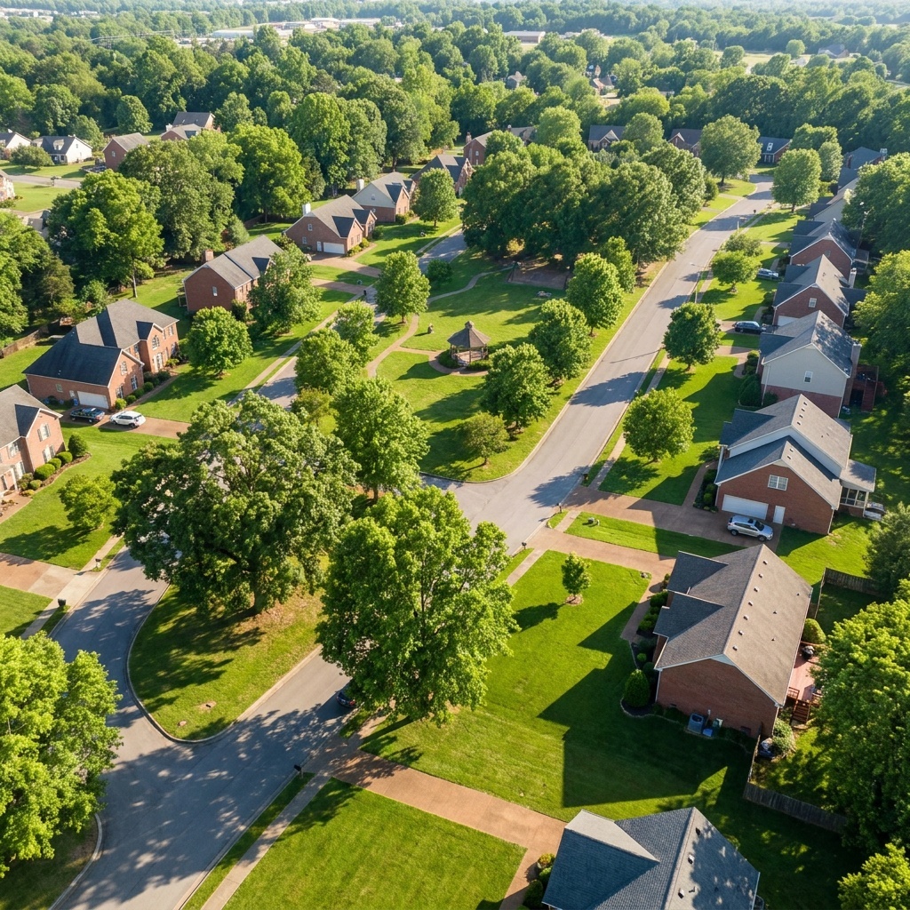 Aerial view of a leafy Middle Tennessee neighborhood