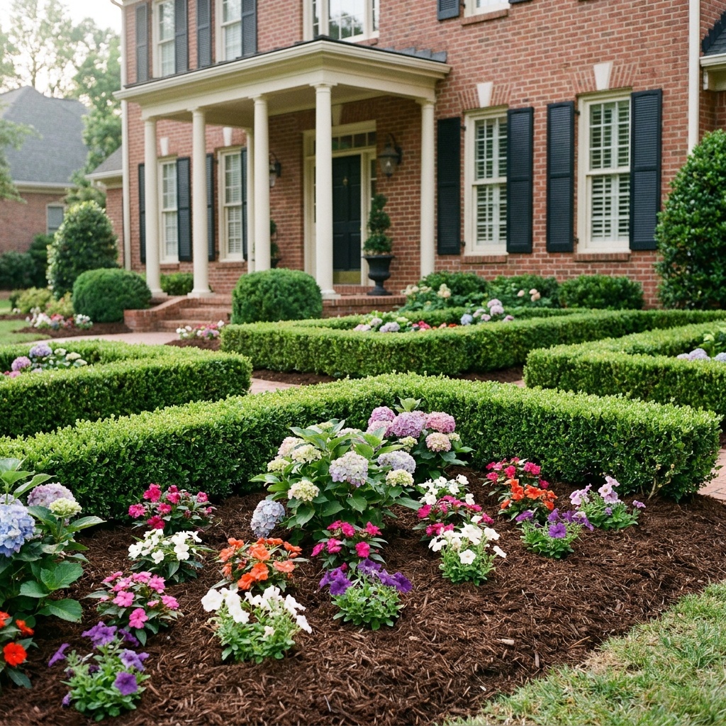 Mulched flower bed with shrubs